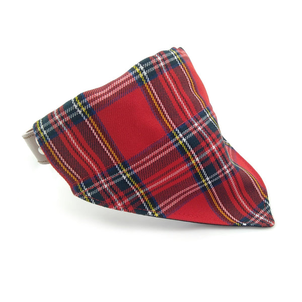 Red tartan puppy bandana on dog collar from front