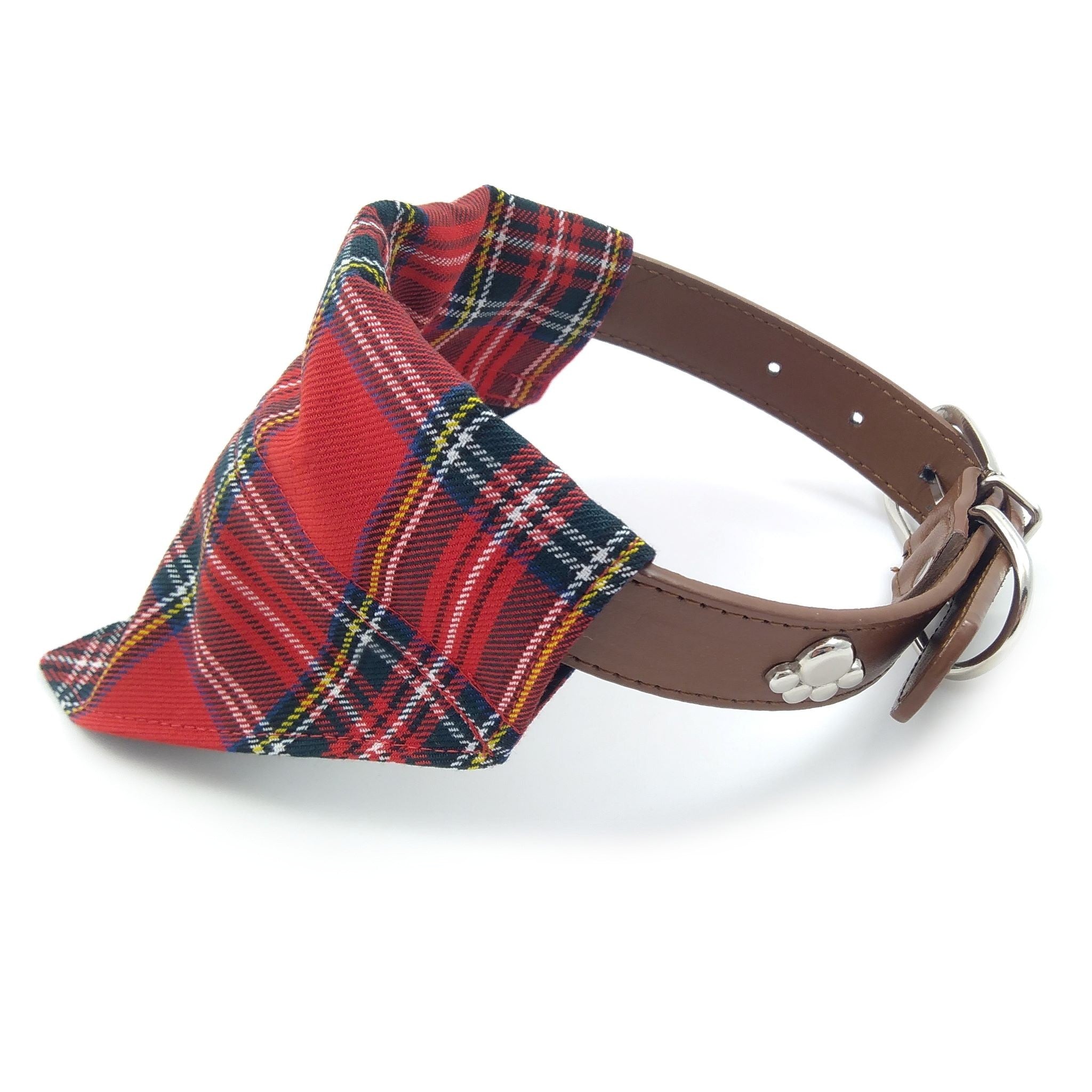 Red tartan puppy neckerchief on dog collar from side