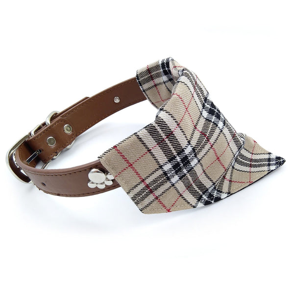 Beige check dog bandana on collar from above