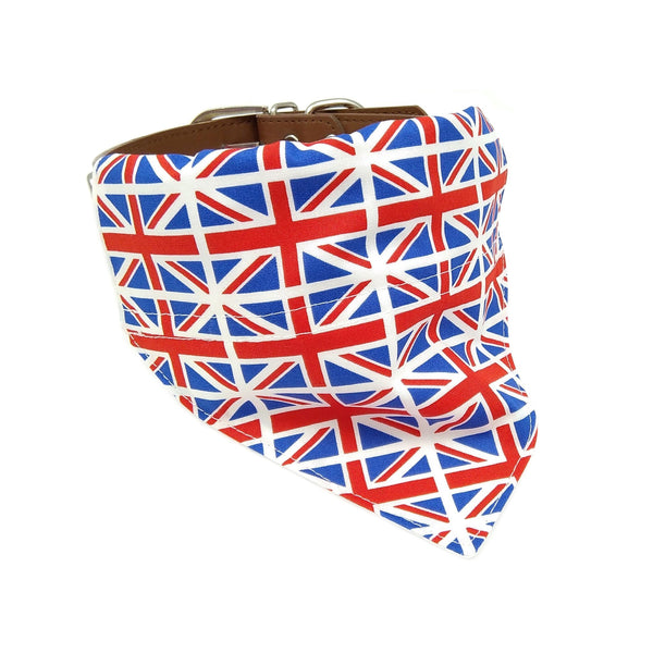 Union jack puppy neckerchief on dog collar from front