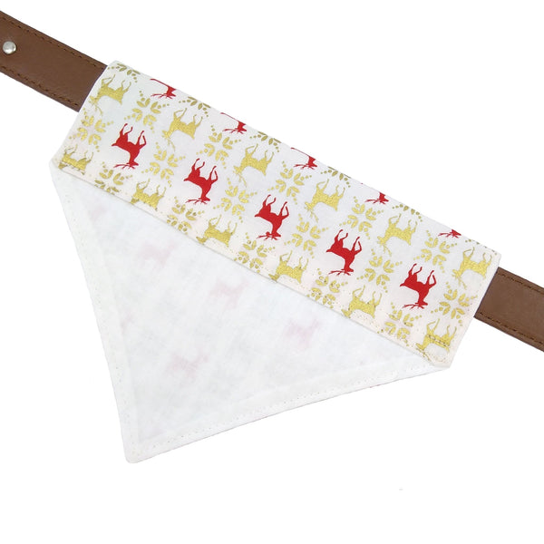 White reindeer lined slip on dog bandana on collar