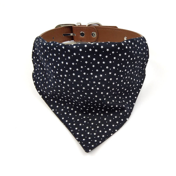 black with white stars bandana on dog collar from front
