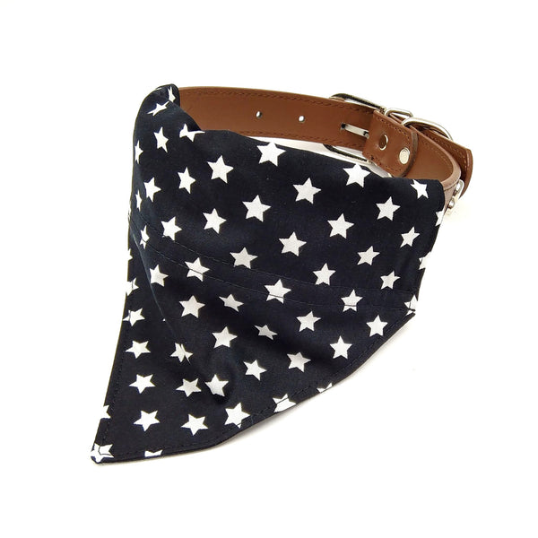 Front view of black and white dog bandana on collar