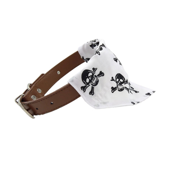 white dog bandana with black skulls on collar from side