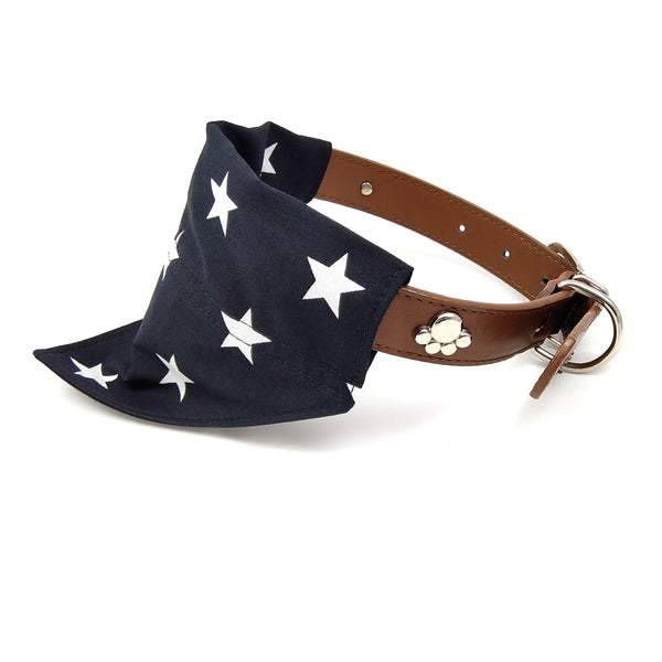 Black with white stars dog neckerchief on collar side view
