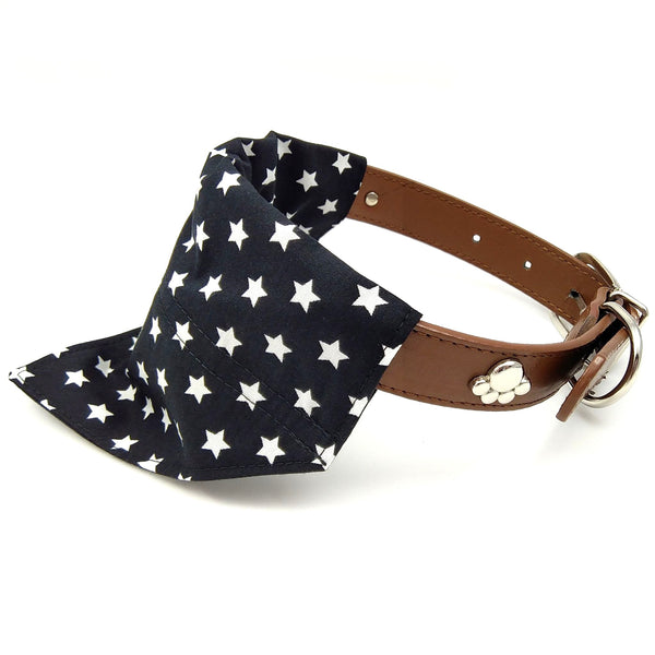Side view of black stars dog bandana on collar