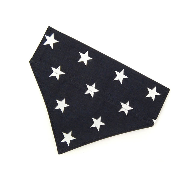 Front of black slip on dog bandana from above without the collar