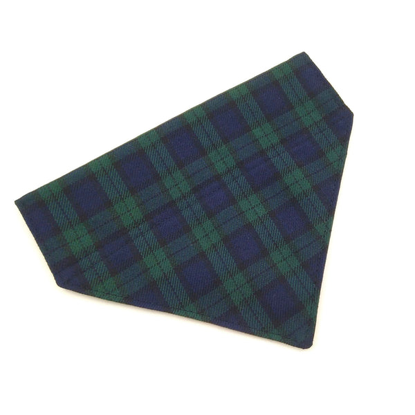 Front of black watch tartan dog bandana from above without collar