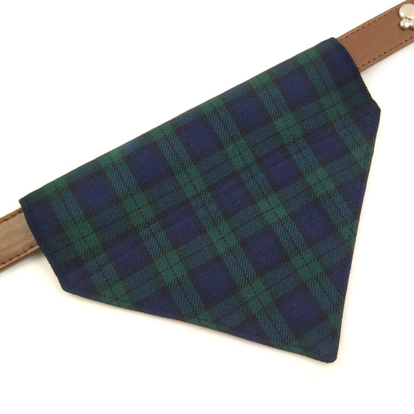 Front of black watch tartan over the collar dog bandana taken from above 