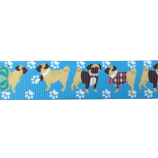 Blue pugs polyester grosgrain ribbon