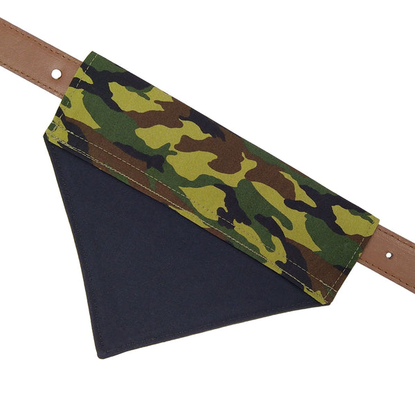 back of camouflage bandana on dog collar from above