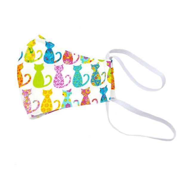 white cat face covering with multicoloured cats and elastic fastening