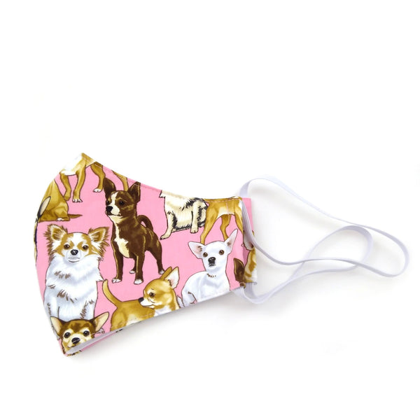 Pink Chihuahua face mask with elastic from side