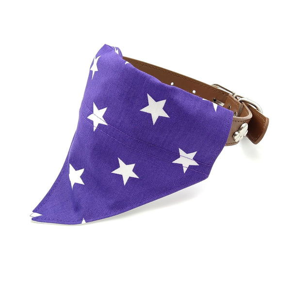 Purple with white stars dog scarf on collar from front