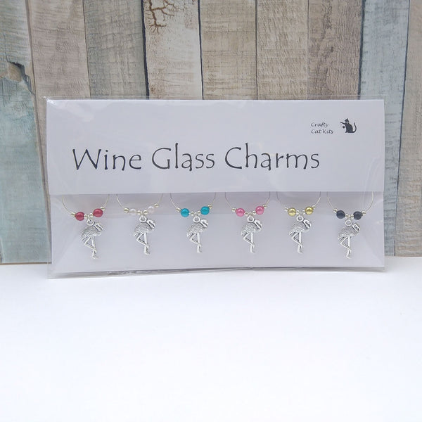 flamingo wine glass charms in gift packaging