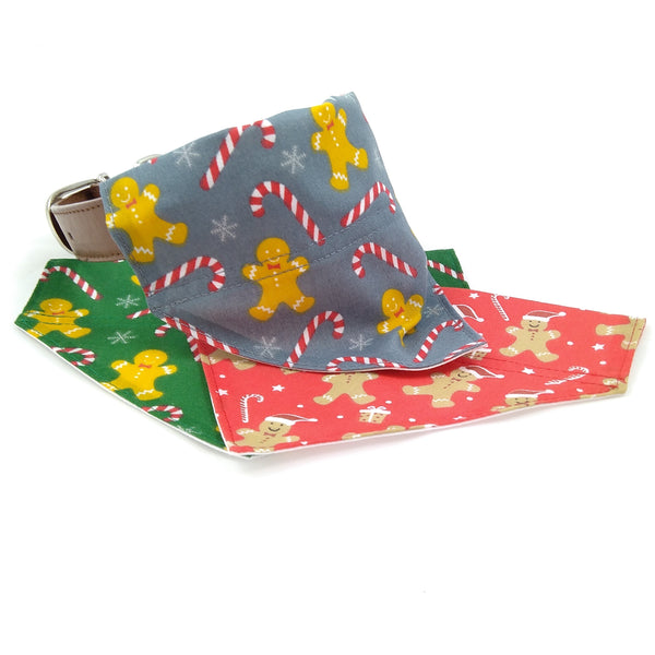 Gingerbread men and sugar canes dog bandanas in red, green and grey