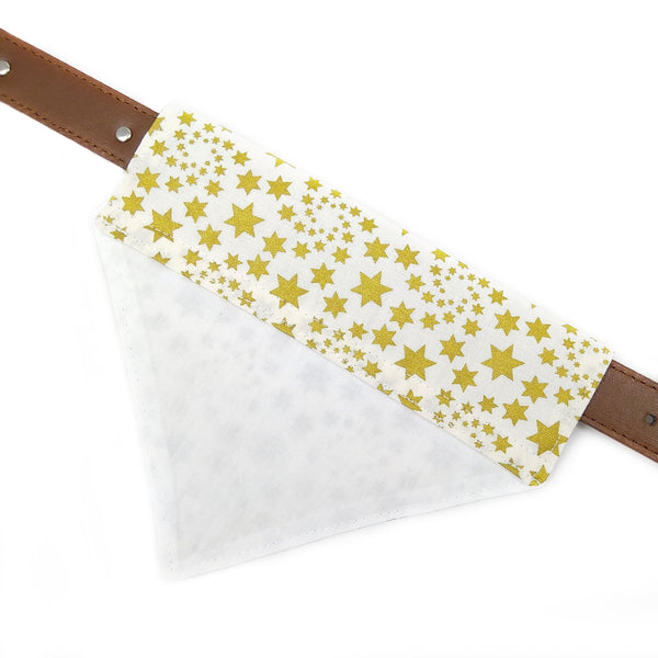 Back of lined gold stars dog bandana on collar from above