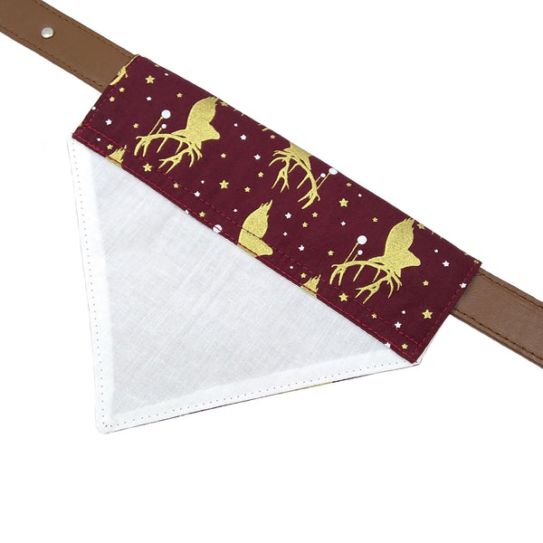 Gold stags lined dog bandana on collar