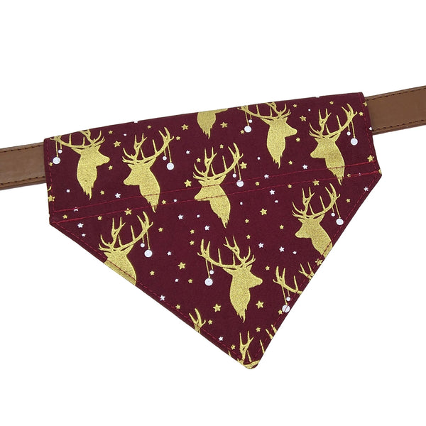 Burgundy with gold stags heads dog bandana on collar