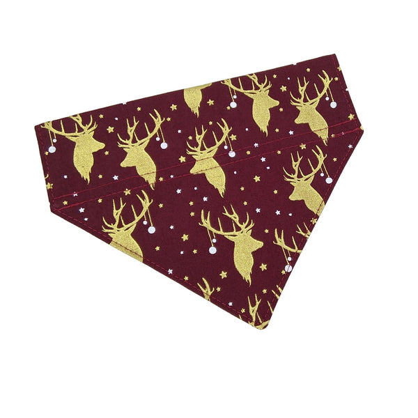 Burgundy with gold stags dog scarf