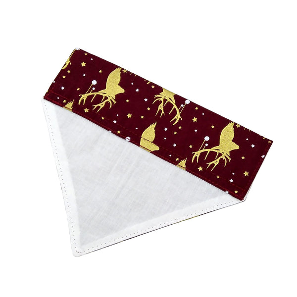 Burgundy with gold stags lined dog scarf