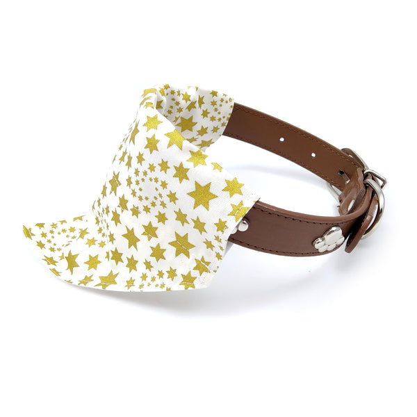 Gold stars dog neckerchief on collar from side