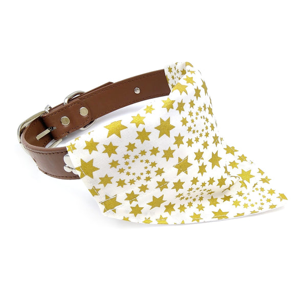 Gold stars over the collar puppy bandana on dog collar from side