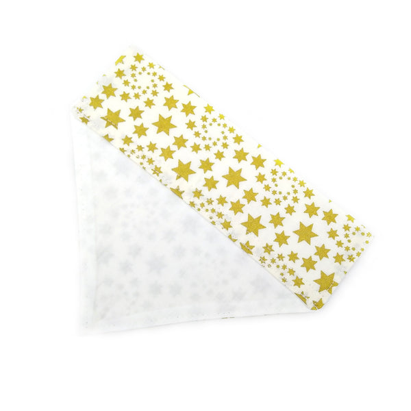 Back of lined gold stars dog bandana from above 
