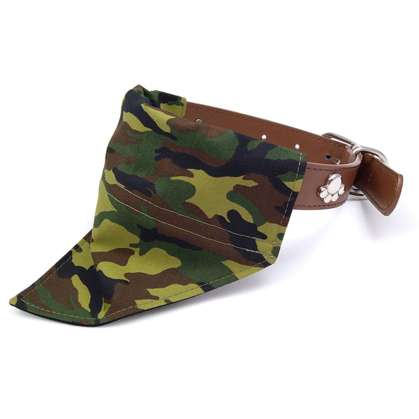 Green camouflage bandana on dog collar from side