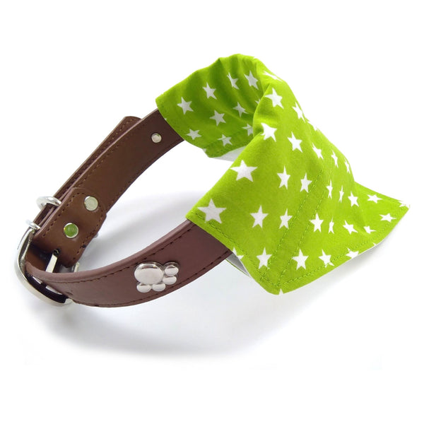 green with white stars bandana on dog collar from side