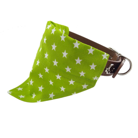 Green with white stars bandana on dog collar from side