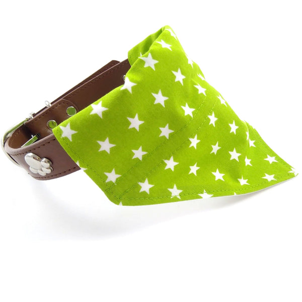 green dog neckerchief on dog collar from side