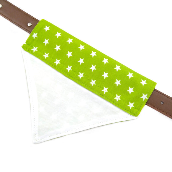green with white stars bandana on dog collar from above