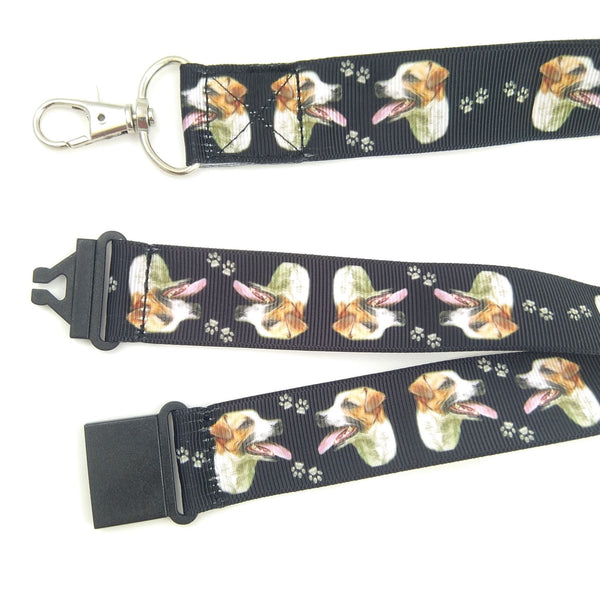 Close up of Jack russell lanyard with metal swivel clasp and black safety buckle