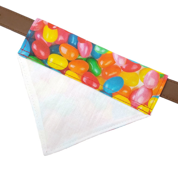 Jelly bean slip on dog bandana with white cotton lining on collar
