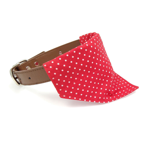 red cotton dog bandana on collar from side