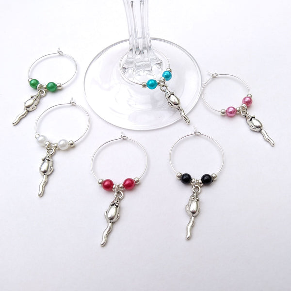 Set of 6 mice wine glass charms with wine glass