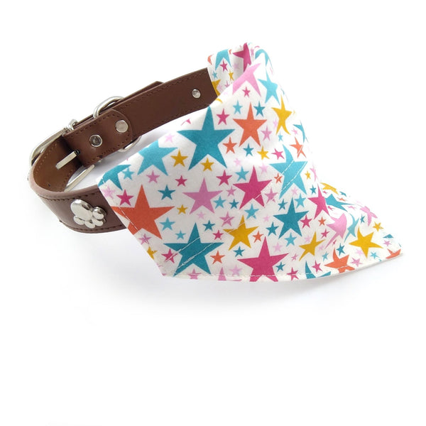 Coloured stars dog bandana on collar from side