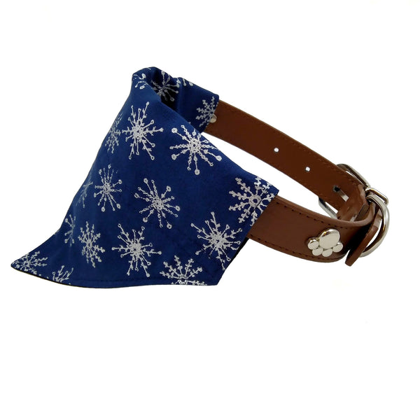 navy and silver snowflakes dog bandana on collar