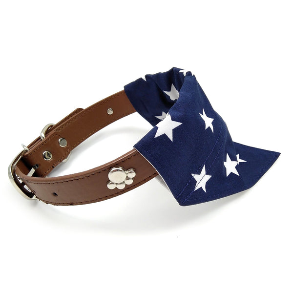 Navy collar bandana on dog collar from side