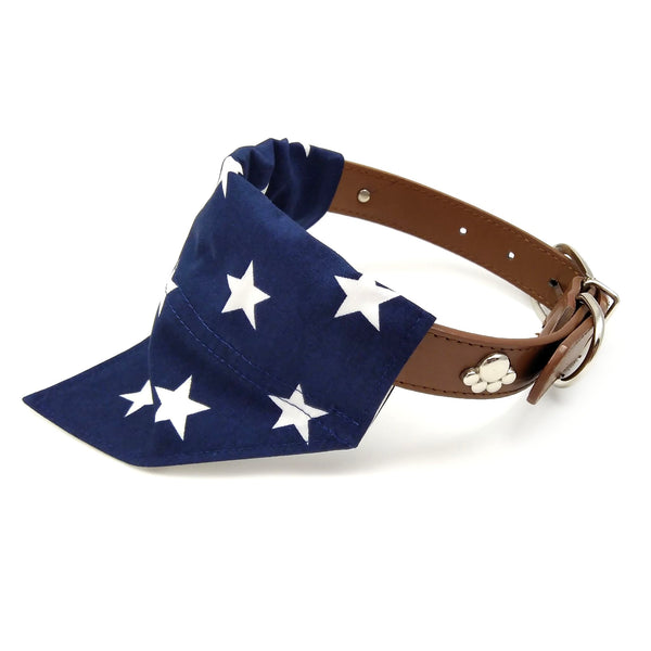 Navy stars over the collar dog bandana on collar from side