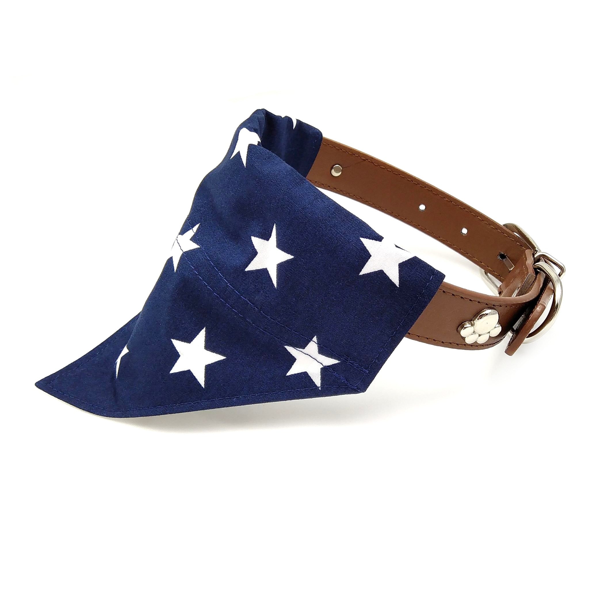 Navy stars bandana on dog collar from side