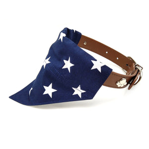 Navy stars bandana on dog collar from side