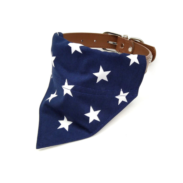 navy with white stars dog neckerchief on collar from front