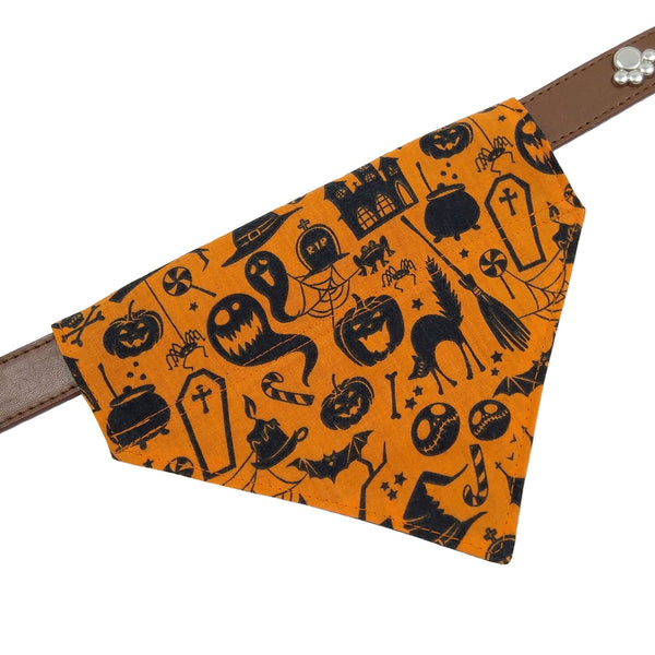 orange and black halloween dog bandana on collar