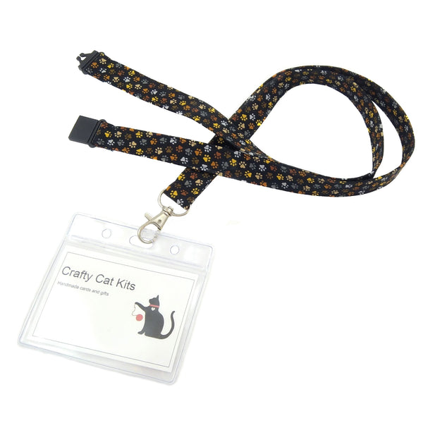 Black fabric with paw prints badge holder  with PVC card holder 