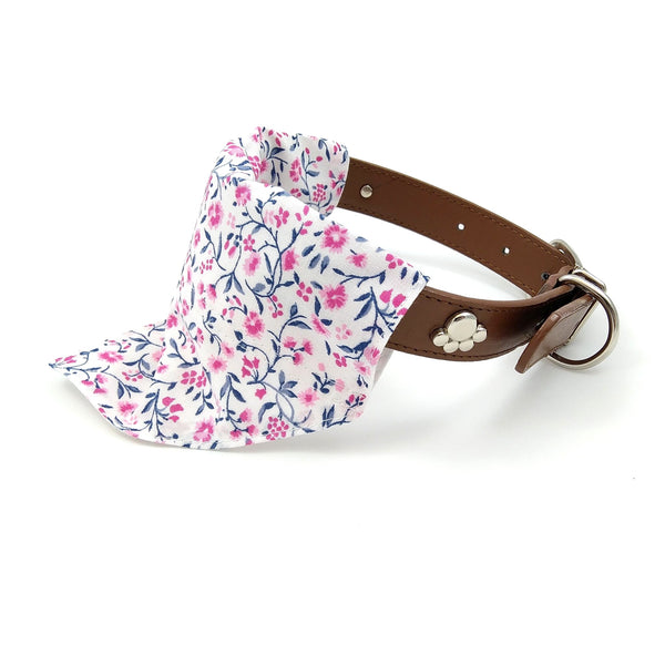White with pink flowers dog bandana on collar