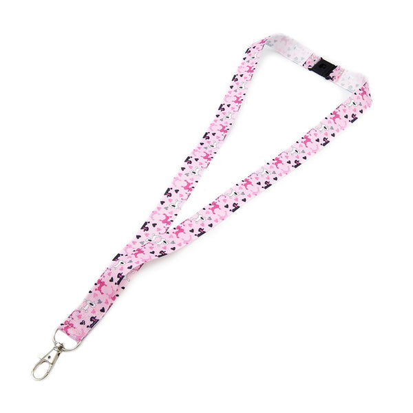 Full length pink poodle lanyard from above