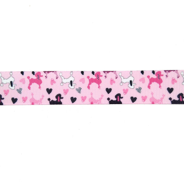 Pink polyester grosgrain ribbon with pink, white and black poodles