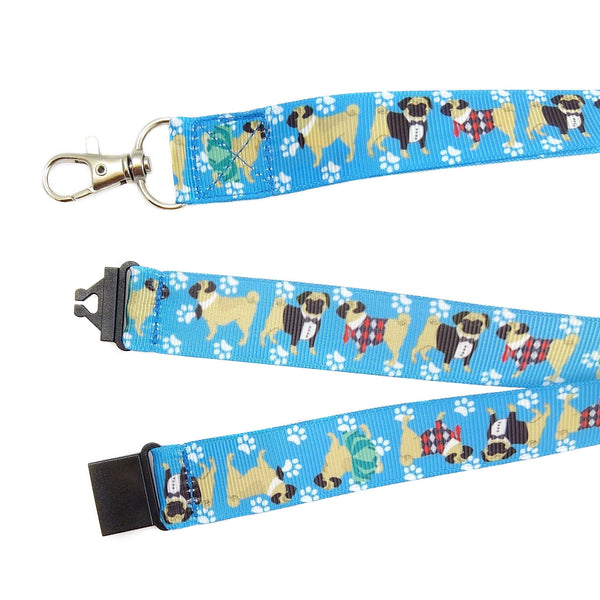 Close up of blue pugs lanyard with safety clasp